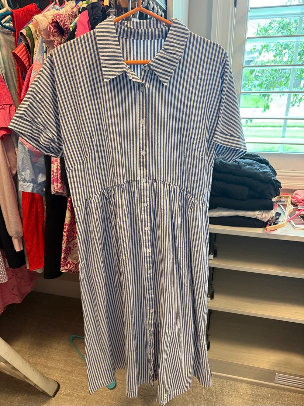 Blue and White Striped Button-Front Shirt Dress - Picture 1 of 2